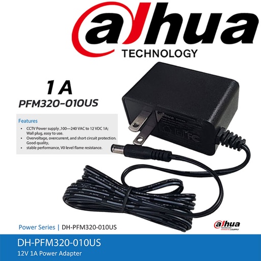 [DH-PFM320-010US] TRANSFORMADOR 12V 1AMP DAHUA DH-PFM320-010US